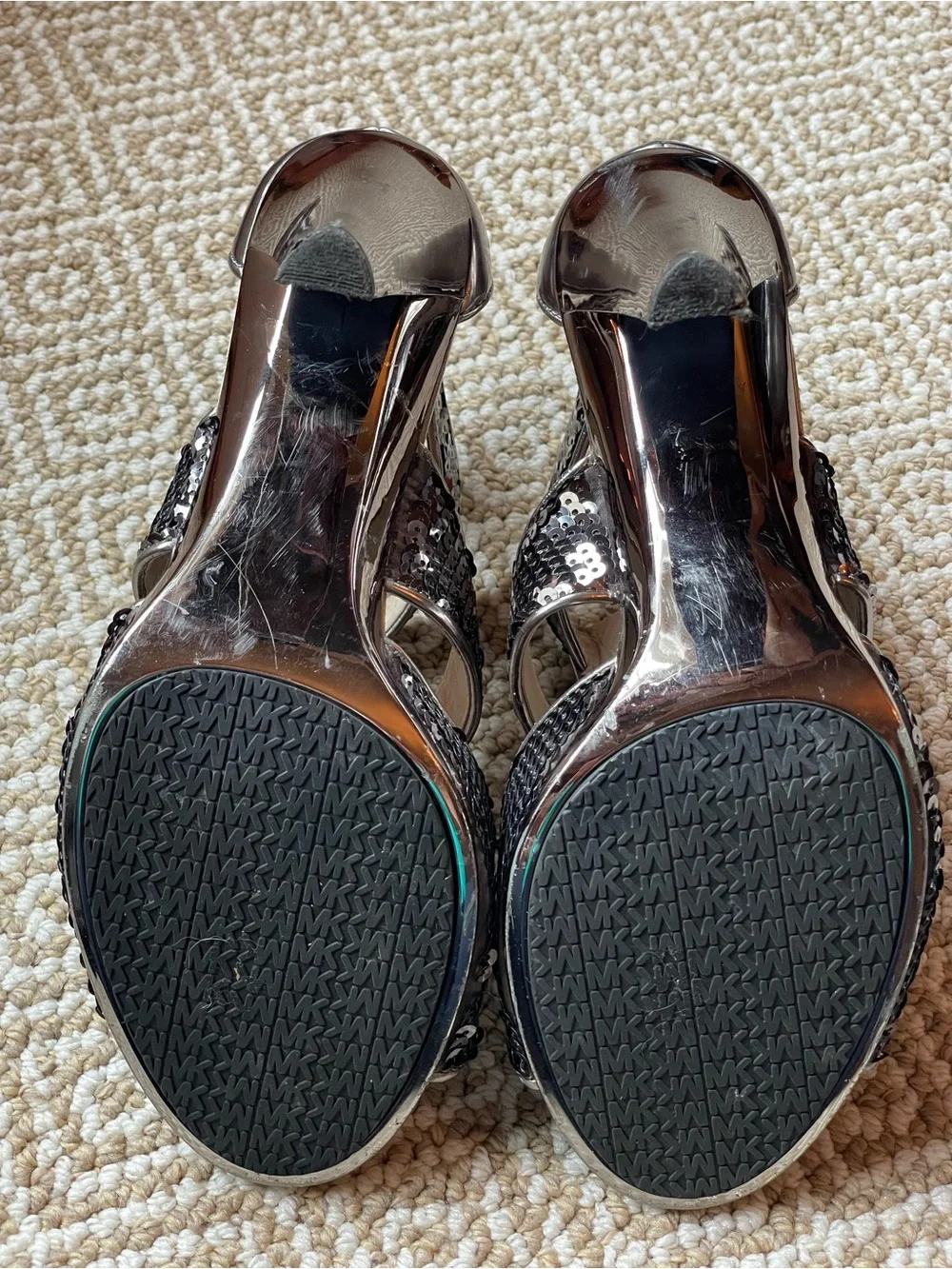 Michael Kors Berkley Sequin T-Strap Heels - Gunmetal Silver Size 9